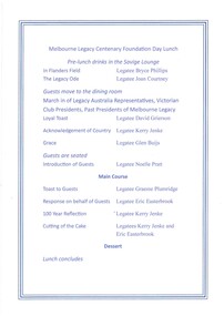 Document, Melbourne Legacy Centenary Foundation Day Lunch, 2023