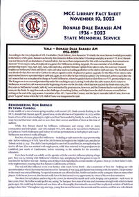Document, MCC Library Fact Sheet Ronald Dale Barassi AM State Memorial Service, 2023