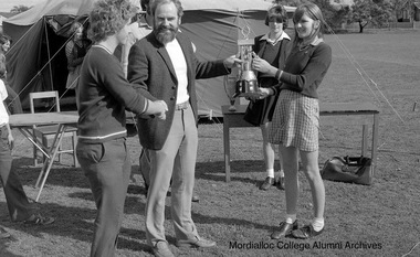 Photograph, 1980 Sports Day - presentation of the Mordialloc-Chelsea High School sports trophy to the house captains of the winning house, 1980
