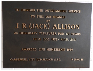 Bronze plaque, Memorial Plaque for Jack Allison's 57 years service to the Camberwell City RSL