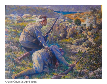 Oil painting by Antonio Rubbo, The Last Cartridge - 25th April 1915, Painting signed by Rubbo and dated 1916