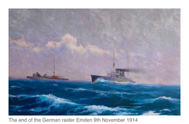 Oil Painting, The Last of the Emden  - 9th November 1914 - painted by Captain H Press, Not dated
