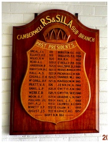 Past Presidents honour Board, Camberwell RSL Past Presidents Honour Board 1919 to 1952