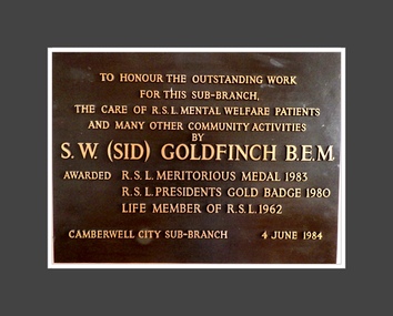 Bronze plaque, Service Memorial plaque  to Sid Goldfinch