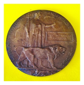 WW1 Bronze Memorial Plaque, WW1 Memorial Plaque  - Eric Alexander McCleery, service number 3354
