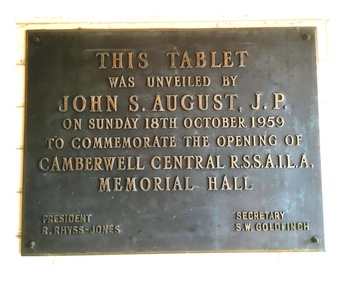 Bronze plaque, Plaque commemerarting the opening of the Camberwell Central RSL in 1959, 1959