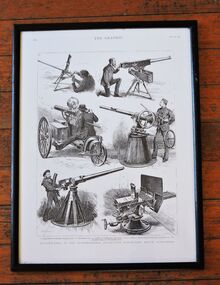 Poster for Gatling Gun, 16 May 1885 poster promoting the Gatling Gun at the International Invention Exhibition in South Kensington London, 1885