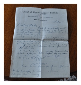 Letter, Letter written to his mother by Private Brendan Culcutt from Broadmedow's training base several weeks after enlising in the AIF in 1915