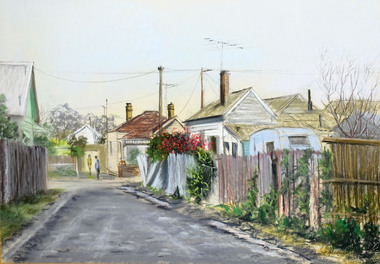 Work on paper - Pastel, Margaret Woodhead, August Evening, Cross Street, Geelong West, 1988