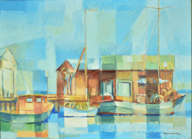 Artwork, other - Acrylic on Board, Robert Tantau, Boats and Boatsheds Q'cliff, 1974