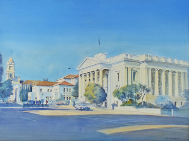 Painting - Watercolour, Joan Crawley, Morning Light Geelong Town Hall, 1992