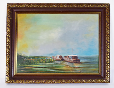 Painting - Acrylic on Hardboard, LTE, Untitled - Jetty & two cabin launches, 1986