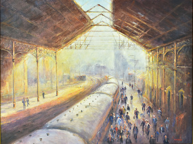 Oil on Canvas, Charles Moodie, Railway Station, Geelong