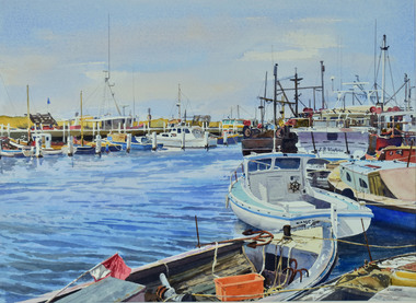 Artwork, other - Water Colour, Peter Eggleton, Busy Harbour - Queenscliff, 1990