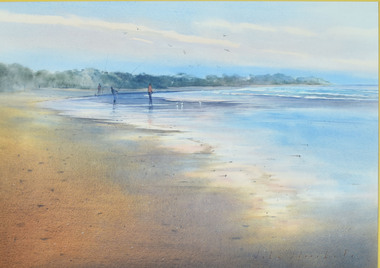 Painting - Watercolour, John Sterchele, Surf Fishing, Ocean Grove, 1991