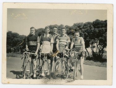 Photograph - Black and White Photograph, Five Cyclists, c1960