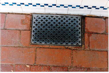 Photograph - Close up of decorative tiles and street footpath grate outside No. 82 Maling Road, Jan Pigot, 27/03/1993 12:00:00 AM
