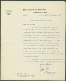 Letter, Council for Music in Schools, 1939
