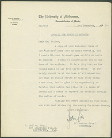 Letter, Council for Music in Schools, 1939