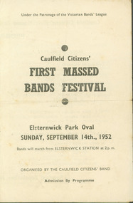 Programme, Caulfield Citizens' : First Massed Bands Festival, 14/09/1952