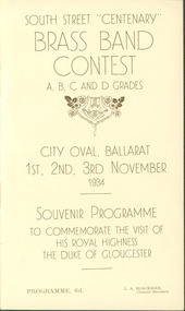Programme, Souvenir Programme : 1934 South Street "Centenary" Brass Band Contest, 1934