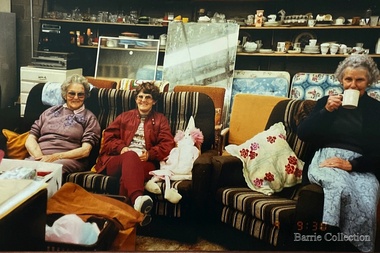 Photograph, Nancy, Margaret and Nan having a tea break, 1993