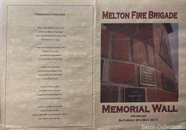 Booklet, Melton Fire Brigade Memorial Wall, 2013