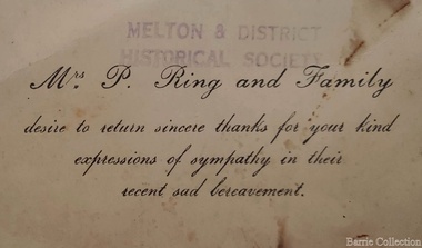 Document, Bereavement card from James T Ring's family, Unknown