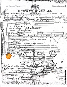 Certificate, Marriage Certificate and Family History of Robert Burton Hornbuckle and Mary Poulton, 1869