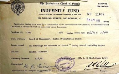 Certificate, Melton Presbyterian Church Renewal Certificate, 1965