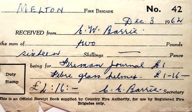 Financial record, Melton Fire Brigade receipt, 1962