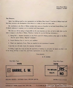 Letter, "Vote E.W Barrie" Local Council Election, Unknown