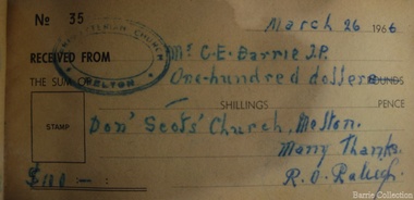 Financial record, Scots Church Cheque, 1966