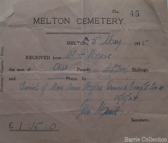 Financial record, Melton Cemetery cheque, 1925