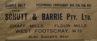 Document, 'Schutt and Barrie Flour Mill envelope, Unknown