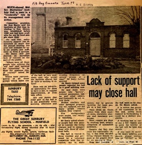 Newspaper, Lack of support may close hall, 1977
