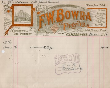 Document, F.W. Bowra Printer, F. W. Bowra Printer receipt, March - April 1916