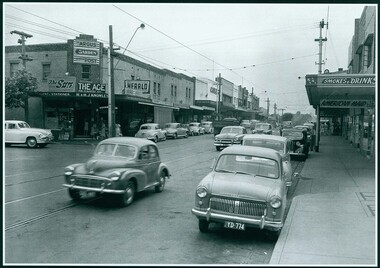 Photograph, Camberwell, Victoria, view of Toorak Road and stores, c. 1950