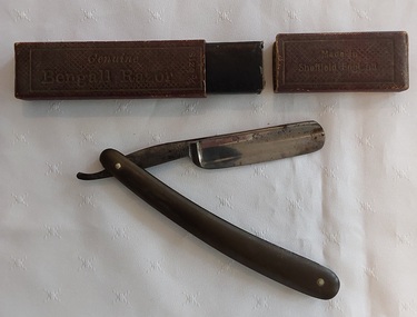 Two vintage Cut Throat Shaving Razors with brown bakelite handles - Bengall and Klein brands. One empty H. Boker and Co case.