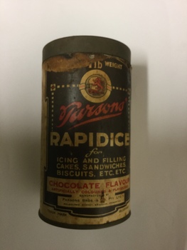 Metal cylindrical tin with "Parsons Rapidice" inscribed on label.