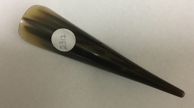Tortoise-shell shoe bone shoehorn with pointed handle.