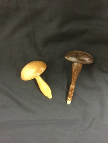 Two darning mushroom-shaped tools. One dark brown, and one light brown.