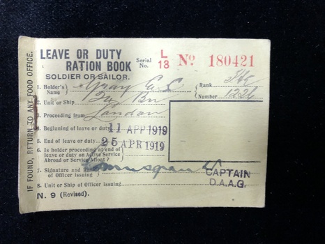 A Leave or Duty Ration book from 1919 for a soldier or sailor.
