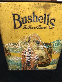 Bushells tea tin with lid, yellow painted scenery with people carrying tea in India.