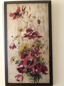 A painting on a wood panel, of red poppies and yellow daisies with a cream background.