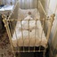 A white painted iron cot with drop down sides and castors to move it.  Large knobs are on the top and bottom of the rungs. 