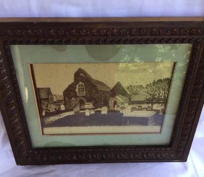 A framed black and white drawing of St Sampson's Church, Guernsey.