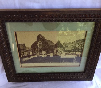 A framed black and white drawing of St Sampson's Church, Guernsey.