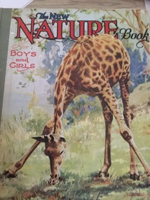 A nature book about animals for boys and girls with a giraffe eating grass on the front cover.