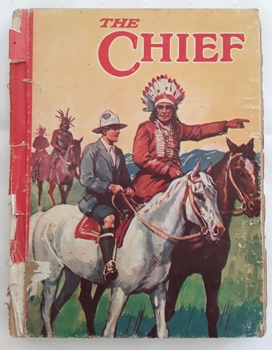 On the front and back covers is an illustration of an Indian chief and European man are sitting on horses with two more Indians in the background